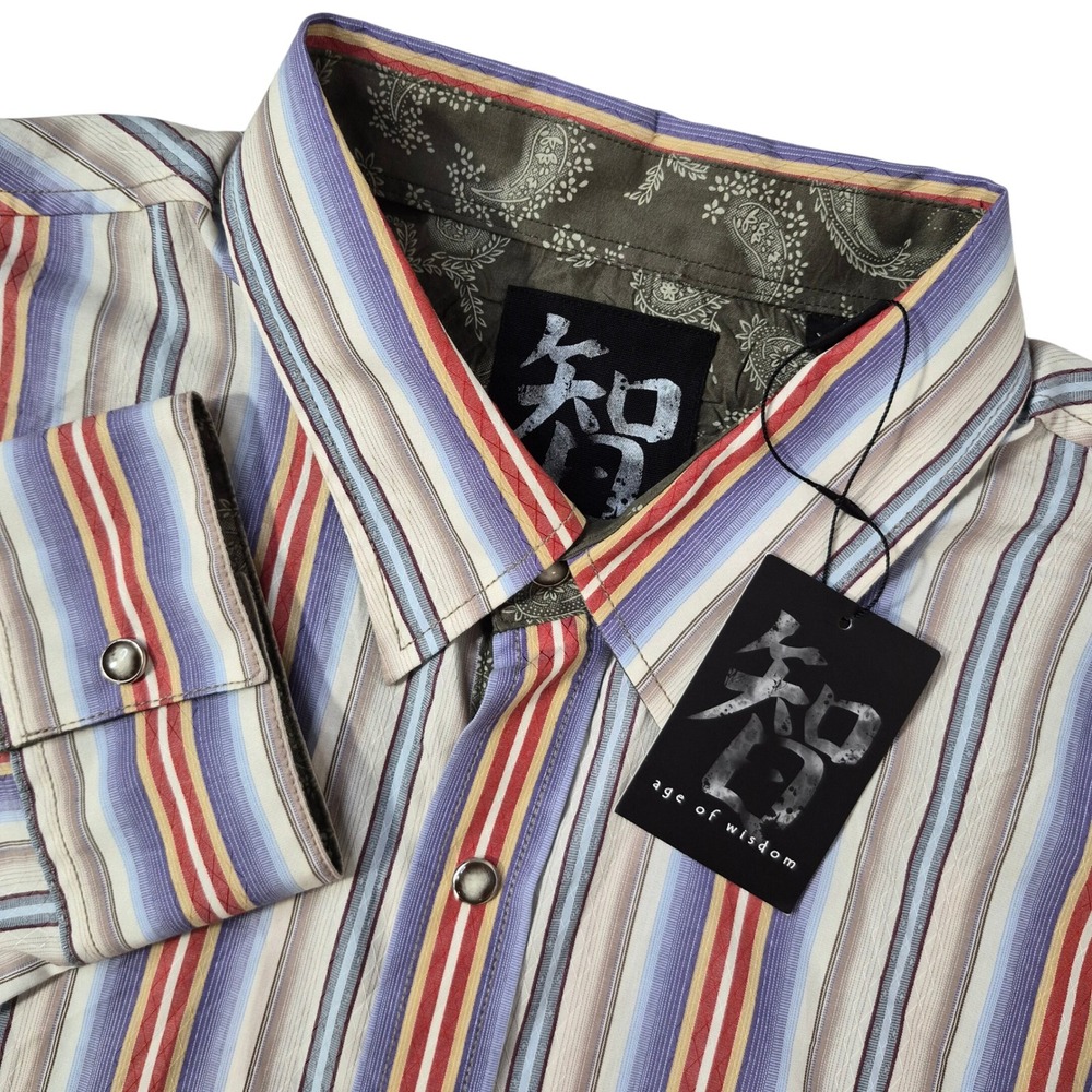 NWT Age of Wisdom Shirt Mens XXL Multicolor Striped Western Pearl Snap Flip Cuff